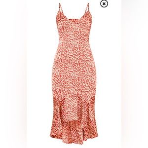 Red & Tan Leopard Silk Satin Dress High Low